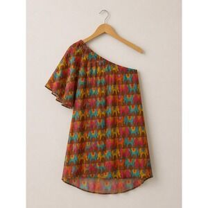 Judith March One Shoulder Dress L Colorful Elephant Print Boho Resort Mini Beach